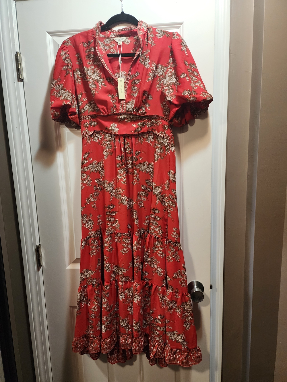 Max Studio Coral-Red Floral Tiered Maxi Dress